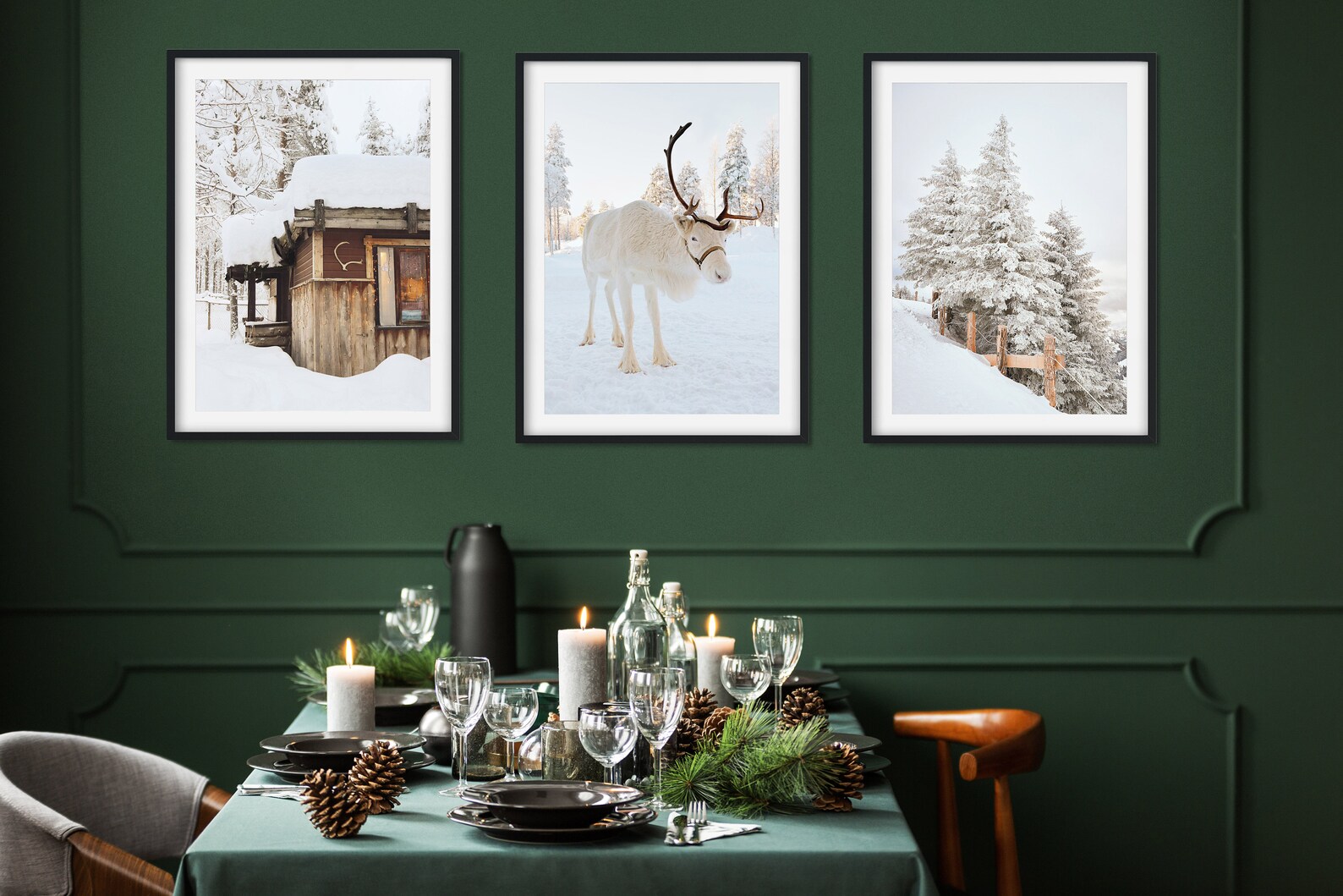 Winter Set of 3 Prints, White Reindeer, Snow Forest Photo, Log Cabin ...