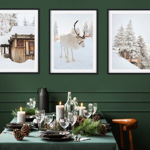 Winter Set of 3 Prints, White Reindeer, Snow Forest Photo, Log Cabin ...