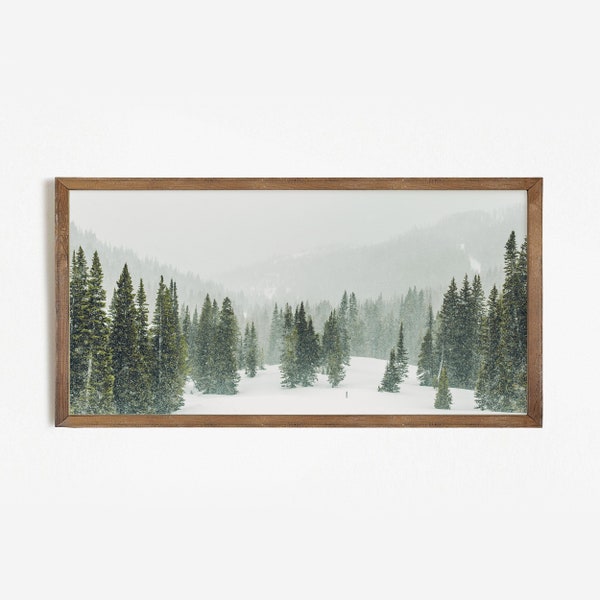 Printable Winter forest Panorama photo , DIGITAL DOWNLOAD - Christmas  decor, snow landscape print, white and green nature wall art