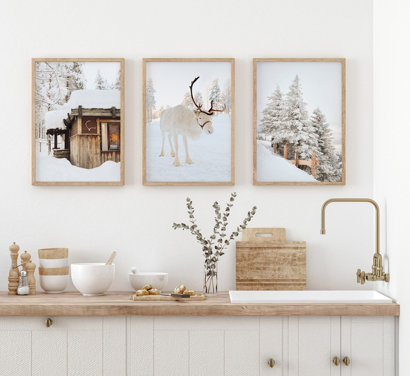 Winter Set of 3 Prints, White Reindeer, Snow Forest Photo, Log Cabin ...