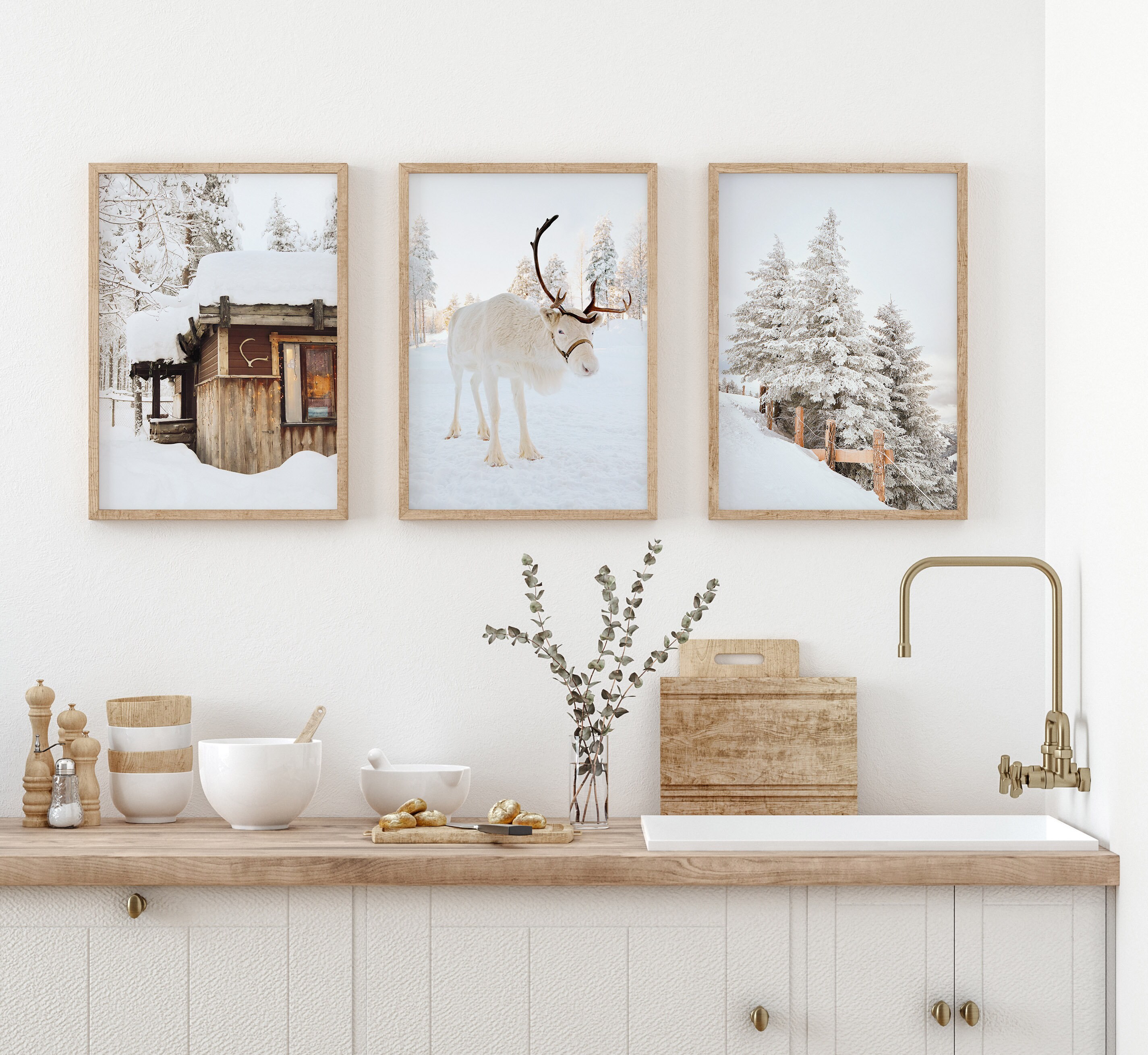 Winter Set of 3 Prints, White Reindeer, Snow Forest Photo, Log Cabin ...