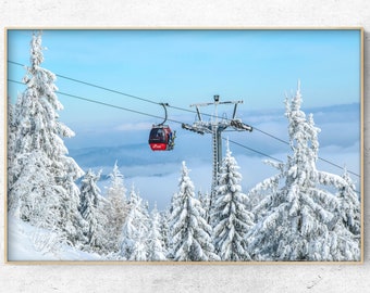 Peut inclure: Une cabine de téléphérique rouge avec des passagers est suspendue par des câbles au-dessus d'un paysage montagneux enneigé. La gondole fait partie d'un système de remontées mécaniques. Les arbres sont recouverts de neige et le ciel est bleu.