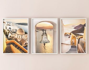 Set of 3 Santorini sunset prints, boho digital art print, Santorini wall art,  Instant Download