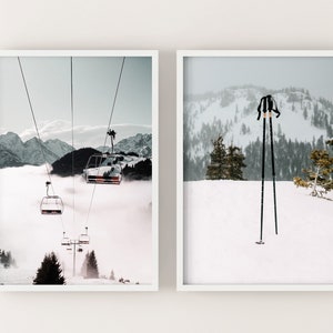 Set of 2 ski lift prints, printable winter Chalet decor, snowy mountains Digital Art Print, instant download