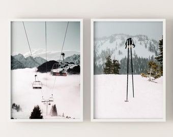 2er Set Ski Lift Drucke, druckbare Winter Chalet Dekor, verschneite Berge Digital Art Print, direkter download