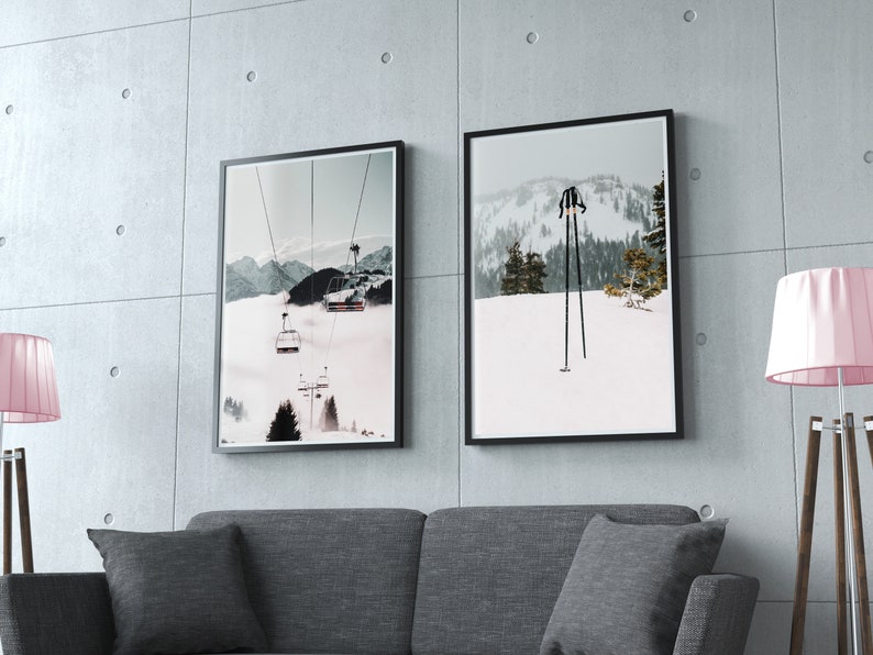 Set of 2 Ski Lift Prints, Printable Winter Chalet Decor, Snowy ...
