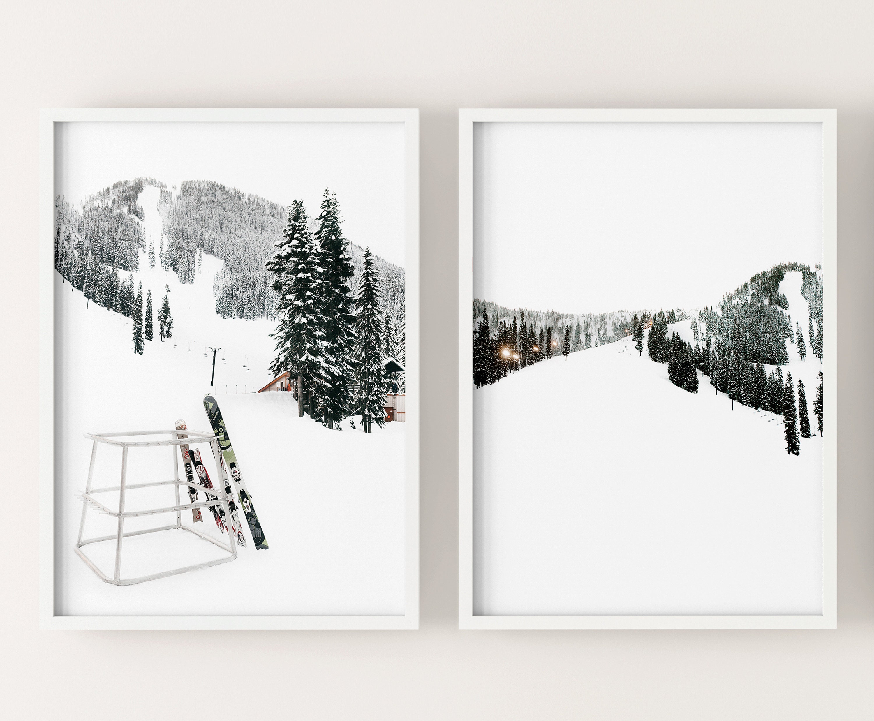 Set of 2 Ski prints,  dreamy winter Chalet Decor Digital Art Print, snow forest Instant Download, ski cabin decor