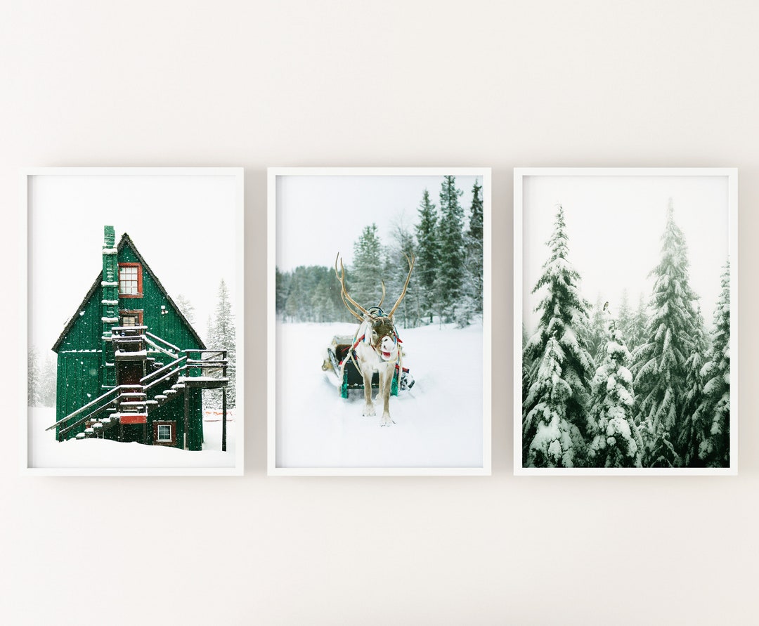 SET OF 3 Winter Forest Prints , Reindeer Photo, Chalet, Snow Christmas ...