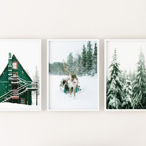 CONJUNTO DE 3 Impresiones de bosque de invierno, Foto de reno, chalet, Decoración de pared de Navidad de nieve, Impresión de arte digital, Descarga instantánea