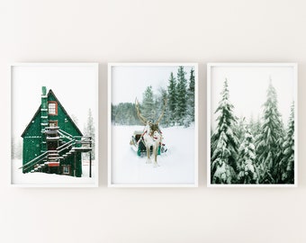 SET OF 3 Winter forest Prints , Reindeer photo, chalet, snow Christmas wall Decor, Digital Art Print, Instant Download
