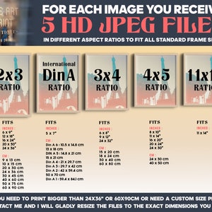 Puede incluir: Un gr&aacute;fico que muestra cinco relaciones de aspecto diferentes para im&aacute;genes digitales, con el texto "PARA CADA IMAGEN QUE RECIBES 5 ARCHIVOS JPEG HD" en la parte superior. Las relaciones de aspecto son 2x3, International DinA, 3x4, 4x5 y 11x14. Cada relaci&oacute;n se muestra con una imagen de muestra de la Torre Eiffel y una lista de tama&ntilde;os de marco comunes en pulgadas y cent&iacute;metros.