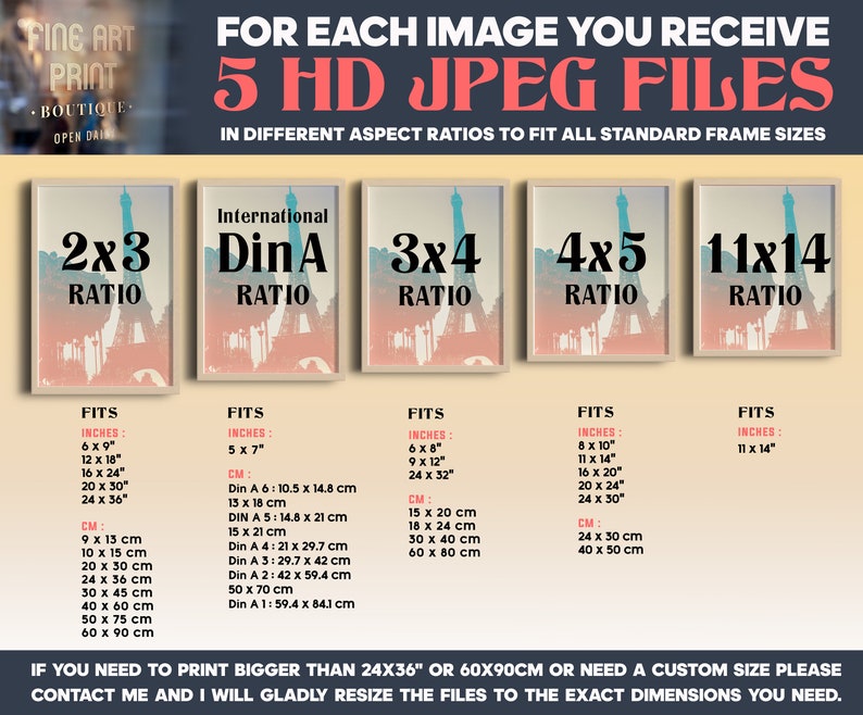 Puede incluir: Un gr&aacute;fico que muestra cinco relaciones de aspecto diferentes para im&aacute;genes digitales, con el texto "PARA CADA IMAGEN QUE RECIBES 5 ARCHIVOS JPEG HD" en la parte superior. Las relaciones de aspecto son 2x3, International DinA, 3x4, 4x5 y 11x14. Cada relaci&oacute;n se muestra con una imagen de muestra de la Torre Eiffel y una lista de tama&ntilde;os de marco comunes en pulgadas y cent&iacute;metros.