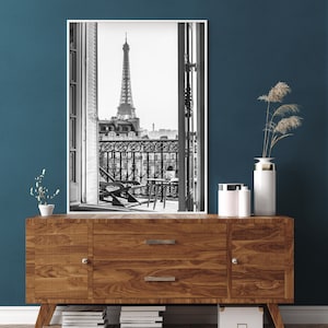 Printable photo PARIS stunning Eiffel Tower view from balcony, black and white original art print, Digital download image 4