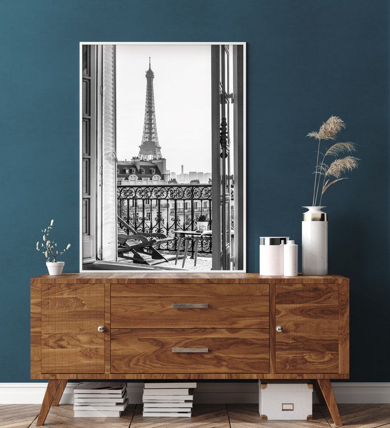 Printable photo PARIS stunning Eiffel Tower view from balcony, black and white original art print, Digital download image 4