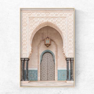 Printable Moroccan door photo, Marrakech mosque print, Islamic architecture poster neutral Arabic wall art beige aqua digital Download