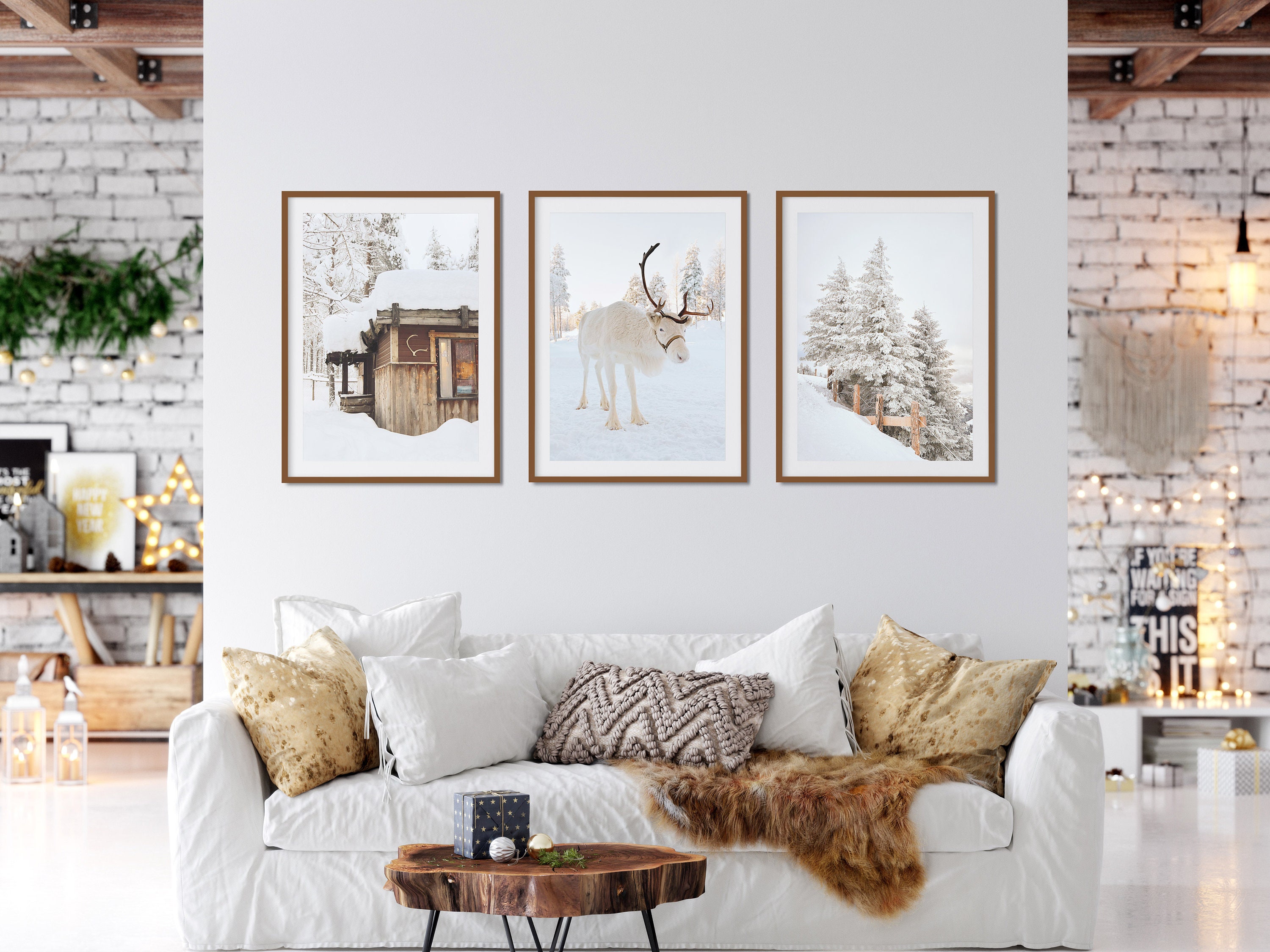 Winter Set of 3 Prints, White Reindeer, Snow Forest Photo, Log Cabin ...