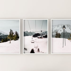 Set of 3 ski lift prints, printable winter Chalet decor, snowy mountains Digital Art Print, instant download