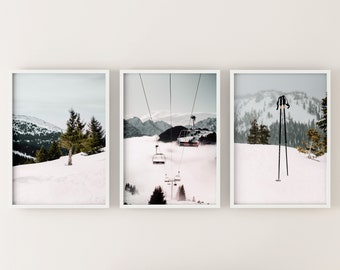 Set of 3 ski lift prints, printable winter Chalet decor, snowy mountains Digital Art Print, instant download