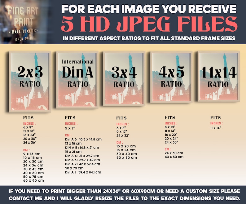 May include: A graphic showing five different aspect ratios for digital images, with the text "FOR EACH IMAGE YOU RECEIVE 5 HD JPEG FILES" at the top. The aspect ratios are 2x3, International DinA, 3x4, 4x5, and 11x14. Each ratio is shown with a sample image of the Eiffel Tower and a list of common frame sizes in inches and centimeters.