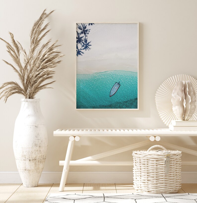 Printable Coastal Wall Art Aerial Blue Boat Print Ocean | Etsy