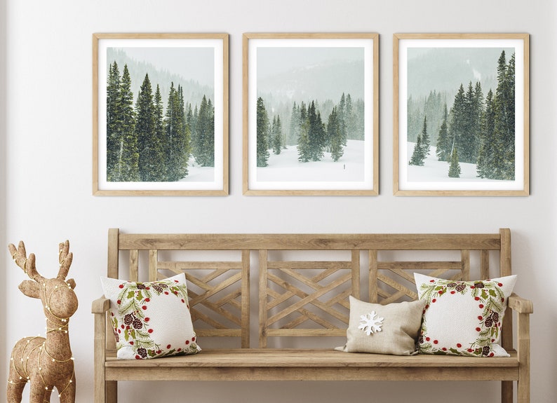 May include: Three framed winter landscape photographs of a snowy forest with evergreen trees. The photos are hanging on a white wall above a wooden bench with two throw pillows.