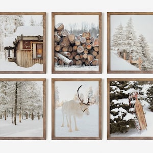 Winter Set of 6 Prints, White Reindeer, Snow Forest Photo, Log Cabin ...