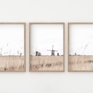May include: Three framed prints of a field of tall grass with windmills in the distance. The prints are in a light wood frame and have a white background.
