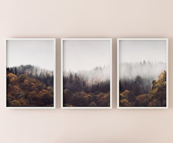 SET OF 3 Forest prints, panoramic forest wall Decor, pine trees triptych,  Digital Art Print, Instant Download