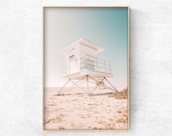 Printable photo of a life guard tower on a sunny day, coastal wall art, beach print, California print, Instant download