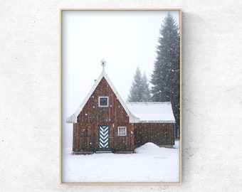 Printable  Winter wooden cabin Photo, snow forest  Christmas wall Decor,  scandinavian Digital Art Print, Instant Download