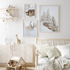 Winter Set of 3 Prints, White Reindeer, Snow Forest Photo, Log Cabin ...