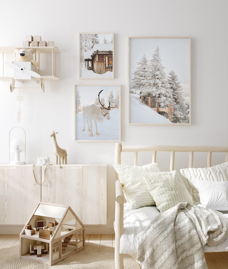 Winter Set of 3 Prints, White Reindeer, Snow Forest Photo, Log Cabin ...