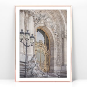 Foto para impressão de uma porta parisiense, impressão de arquitetura francesa, pôster do Petit Palais, impressão dourada e bege, download instantâneo