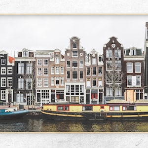 Foto imprimible de un gracht de Ámsterdam con barcos, impresión neutral de arquitectura europea, cartel de viaje holandés, descarga digital
