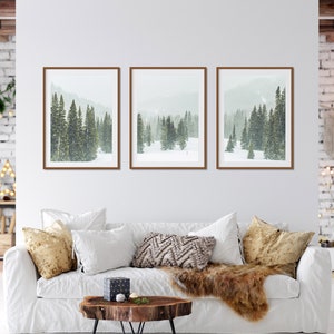 May include: Three framed prints of a snowy forest scene with tall evergreen trees. The prints are hung on a white wall above a white couch with throw pillows and a fur throw.