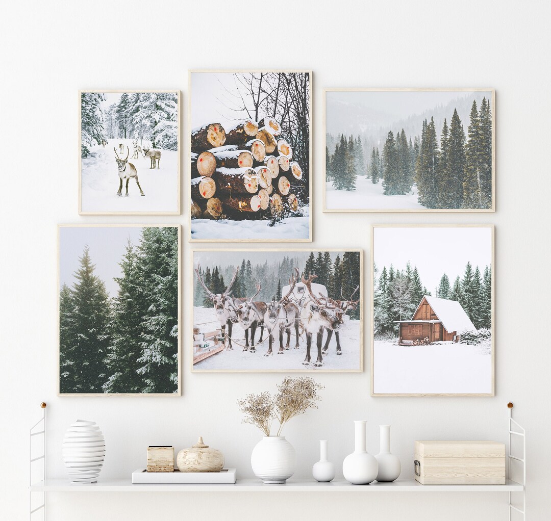 SET OF 6 Winter Forest Prints , Reindeer Photo, Chalet, Snow Christmas ...
