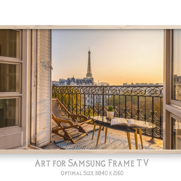 Samsung Frame TV art, Paris balcony photo, Eiffel Tower wall art, 4K digital art for TV display, instant download