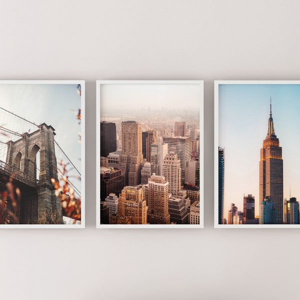 Set of 3 Printable Sunny New York City photos, Brooklyn Bridge print, Empire State Building, New York City Skyline Instant download