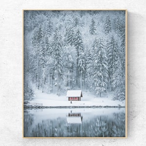 Printable Photo of a red lake cabin,  Winter forest Photo, snow Christmas wall Decor,  Digital Art Print, Instant Download