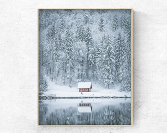 Printable Photo of a red lake cabin,  Winter forest Photo, snow Christmas wall Decor,  Digital Art Print, Instant Download