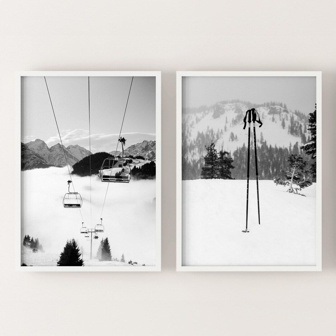 Set of 2 Printable Ski Lift Photos, Black and White Winter Chalet Decor ...