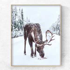 Digital moose print, reindeer in the snow, christmas home decor, vertical winter print, Instant Download