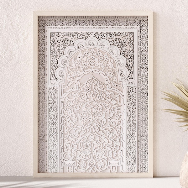 Printable Moroccan Ornament photo, boho digital art print, oriental bohemian wall art, white islamic poster, arabic architecture download
