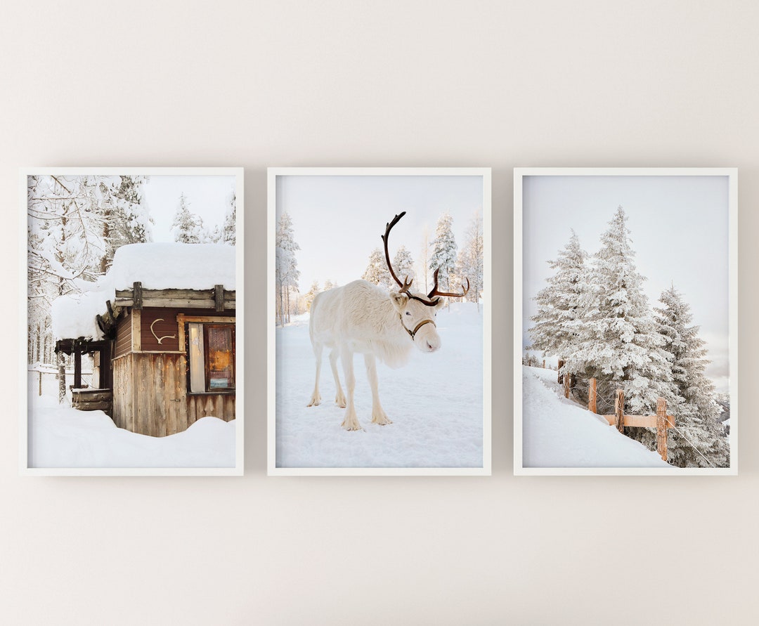 Winter Set of 3 Prints, White Reindeer, Snow Forest Photo, Log Cabin ...