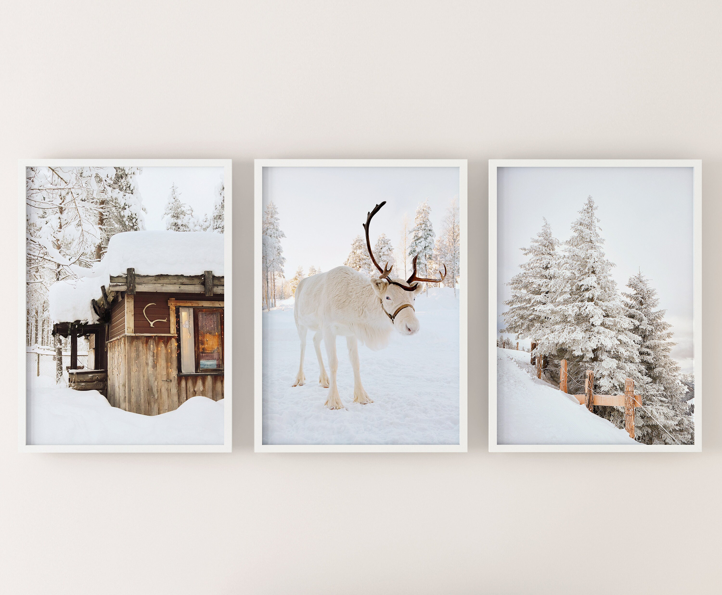 Winter Set of 3 Prints, White Reindeer, Snow Forest Photo, Log Cabin ...