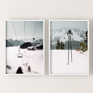 Set of 2 ski lift prints, printable winter Chalet decor, snowy mountains Digital Art Print, instant download