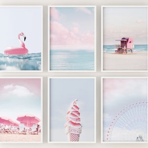 SET OF 6 pink beach photos, Coastal digital art prints - Instant Download Gallery wall