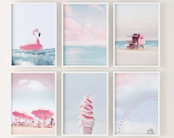 SET OF 6 pink beach photos, Coastal digital art prints - Instant Download Gallery wall