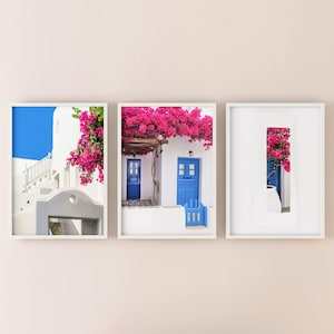 Set of 3 Santorini prints, boho digital art print, Greece wall art, Bougainvillea Instant Download