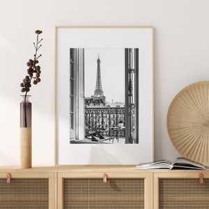 Printable photo PARIS stunning Eiffel Tower view from balcony, black and white original art print, Digital download image 2